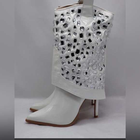Lauren Lorraine Shoes - Lauren Lorraine Elegant Crystal-“Hana” Embellished White Boots